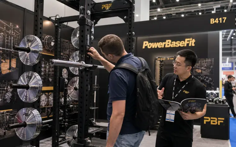 PowerBaseFit representative demonstrating free weight equipment to an exhibition visitor