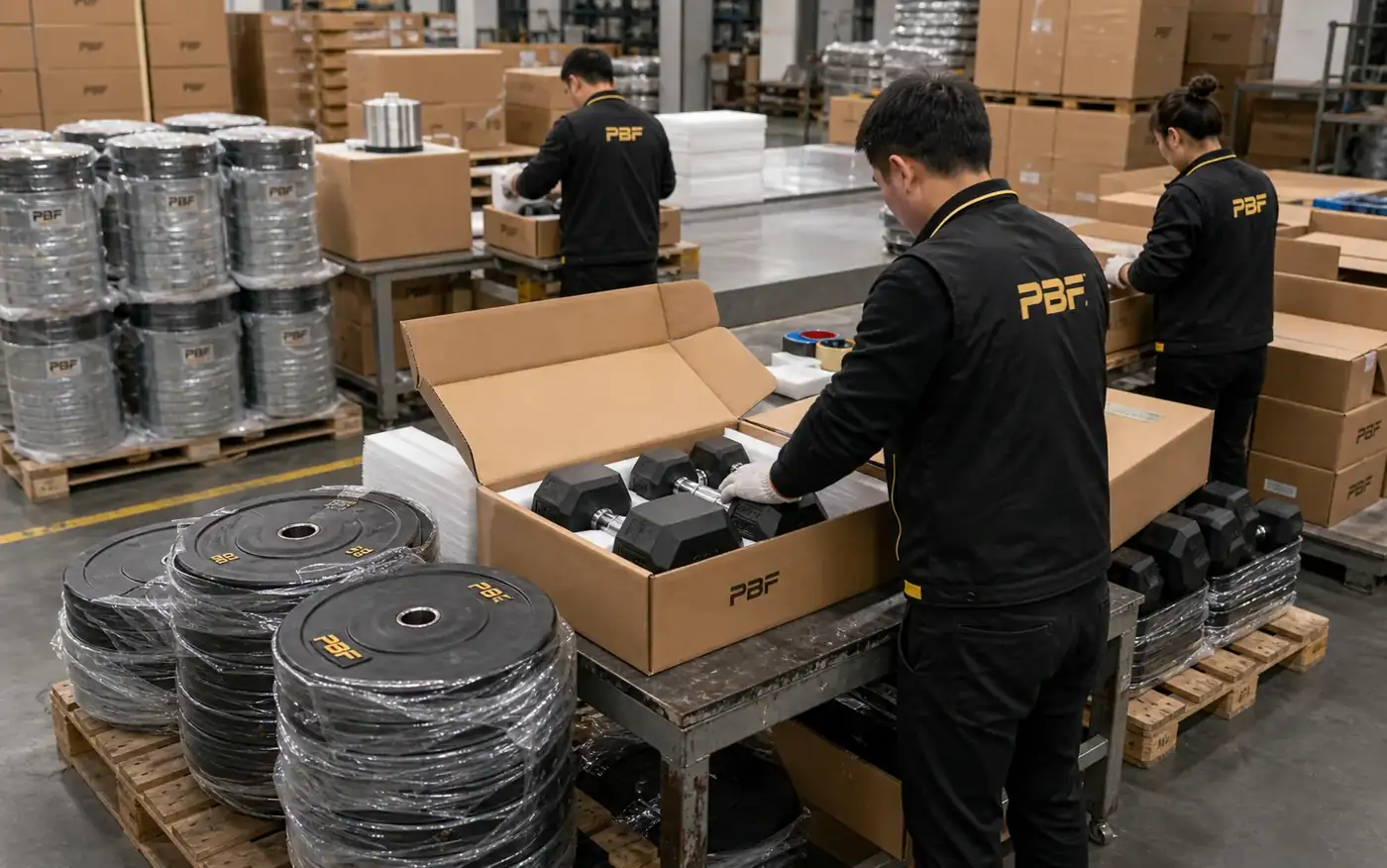 PowerBaseFit team preparing dumbbells and weight plates for packing