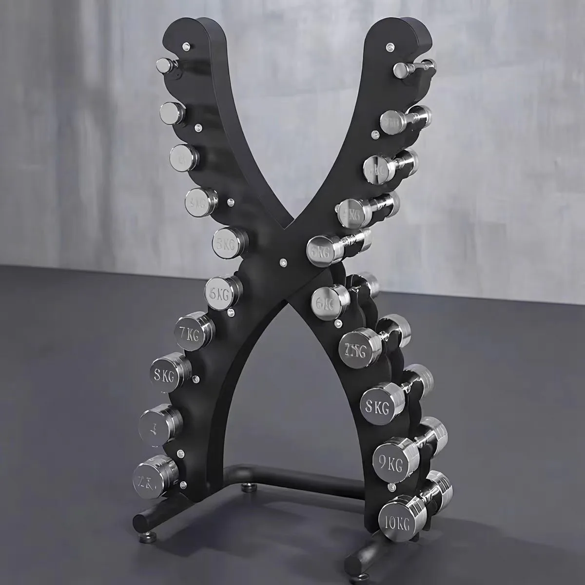 Compact chrome dumbbell set with vertical storage rack