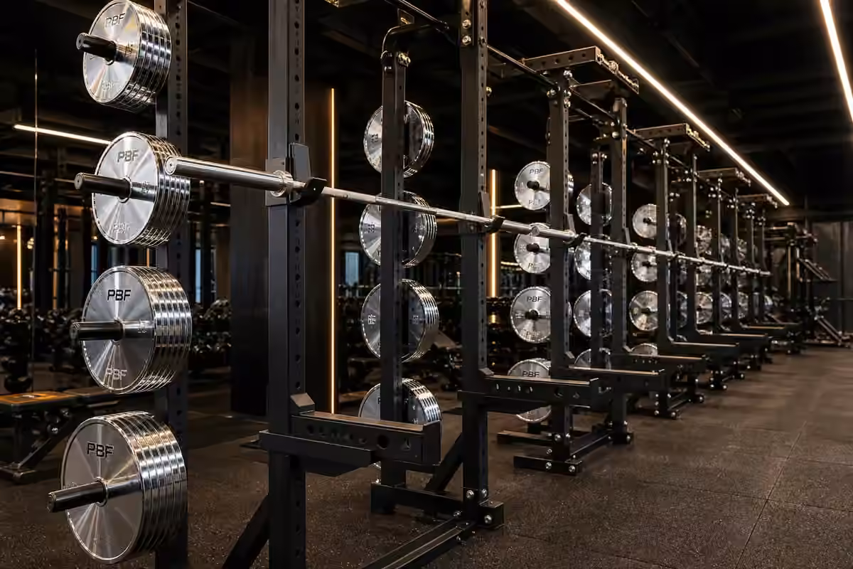 Commercial free weight training area with dumbbells and weight plates